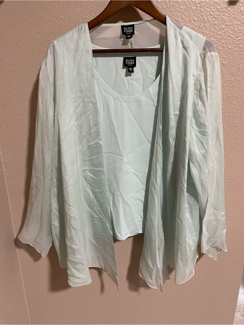 Eileen Fisher Mint Green Sheer Silk Cardigan & Tank Set